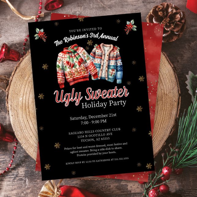 Black Festive Annual Ugly Sweater Christmas Party Invitation (Festive sparkling ugly sweater contest holiday christmas party invitation for work corporate home)