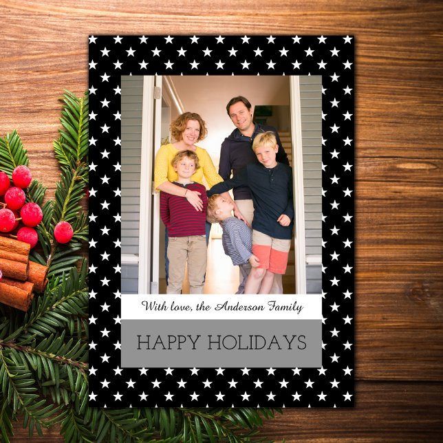 Black Festive Stars Holiday Photo Flat Card (Black Festive Stars Holiday Photo Card)
