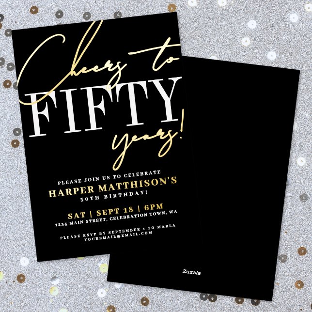Black Fifty 50th Birthday Gold (Black Fifty 50th Birthday Gold Foil Invitation)