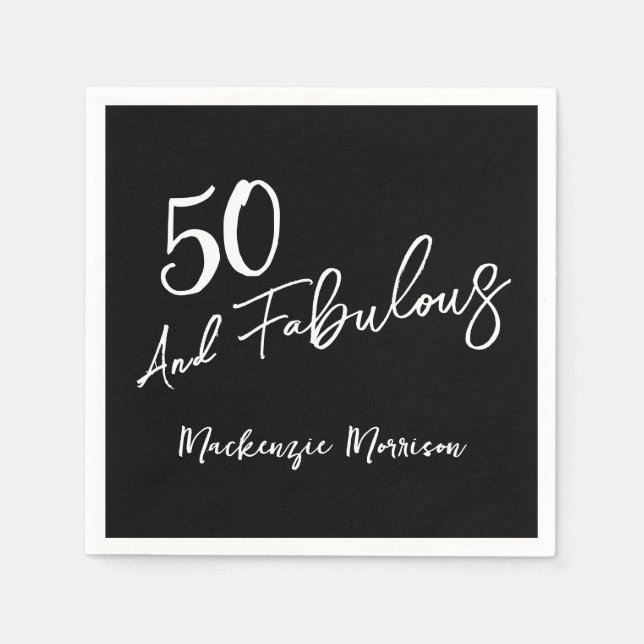 Black Fifty and Fabulous Script Birthday Napkin (Front)