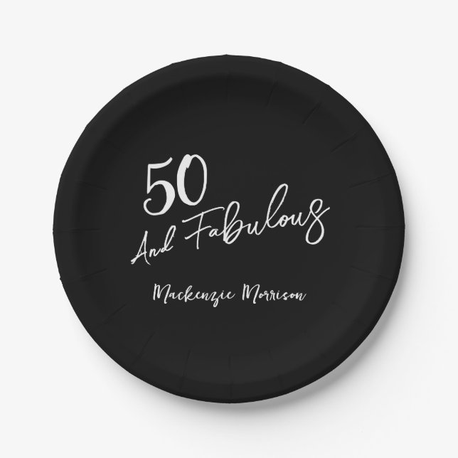 Black Fifty and Fabulous Script Birthday Paper Plate (Front)