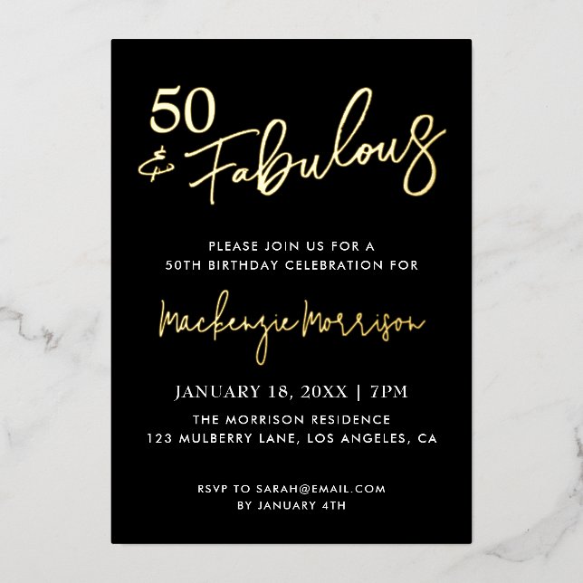 Black Fifty and Fabulous Script Birthday Party (Front)