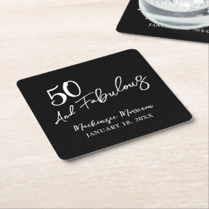 Black Fifty and Fabulous Script Birthday Party Square Paper Coaster