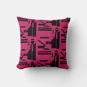 Black Figure on Burgundy Geometric Tiled Pattern Cushion
