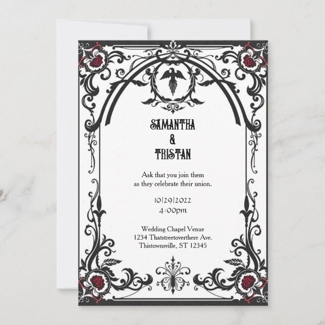 Black Filigree Rose Frame Gothic Vintage Wedding Invitation (Front)