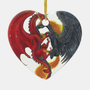 Black Fire Unicorn and Red Dragon Ceramic Tree Decoration