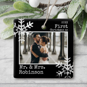 Black First Christmas Married Photo Ceramic Ornament
