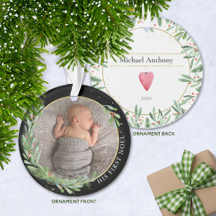 Black "First Noel" Christmas Greenery Baby Photo Ornament