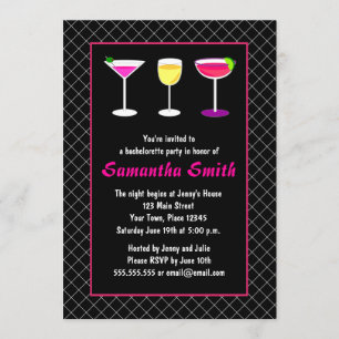 Black Fishnet Hot Pink Martini Bachelorette Party Invitation