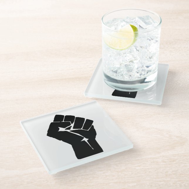 Black Fist Raised - Resistance Protest Glass Coaster (Angled)