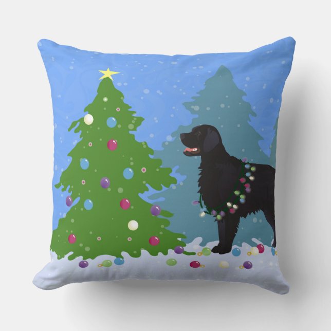 Black Flat-Coated Retriever - Christmas Forest Cushion (Front)