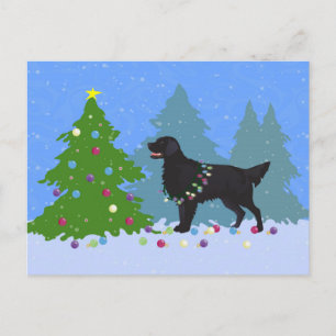 Black Flat-Coated Retriever - Christmas Forest Holiday Postcard
