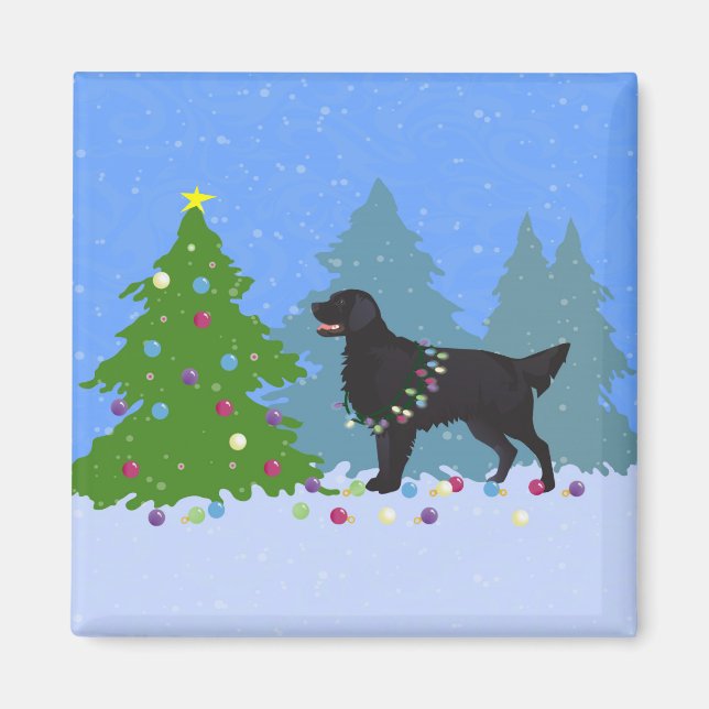 Black Flat-Coated Retriever - Christmas Forest Magnet (Front)