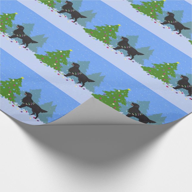 Black Flat-Coated Retriever - Christmas Forest Wrapping Paper (Corner)