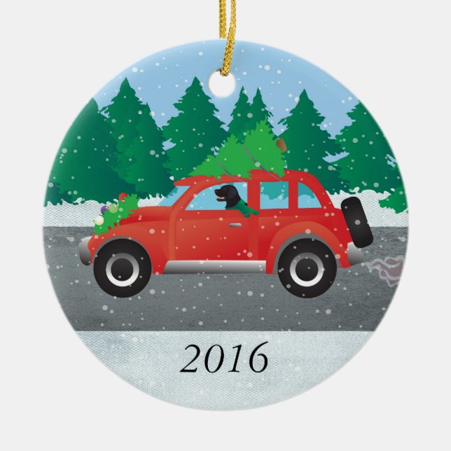 Black Flat-Coated Retriever Driving Christmas Car Ceramic Tree Decoration (Front)