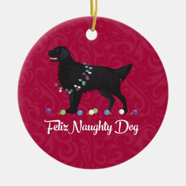 Black Flat Coated Retriever Feliz Naughty Dog Ceramic Ornament (Front)