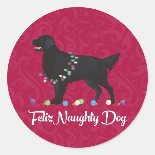 Black Flat Coated Retriever Feliz Naughty Dog Classic Round Sticker (Front)