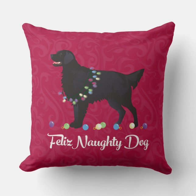 Black Flat Coated Retriever Feliz Naughty Dog Cushion (Front)