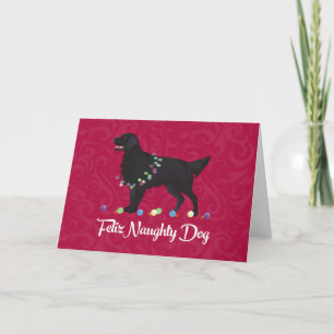 Black Flat Coated Retriever Feliz Naughty Dog Holiday Card