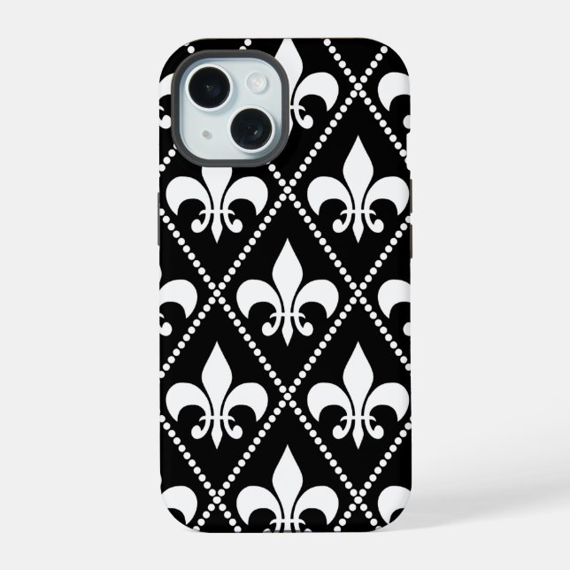 Black Fleur de Lis iPhone 15 Case (Back)