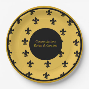 Black Fleur de Lis on Gold Background  Paper Plate