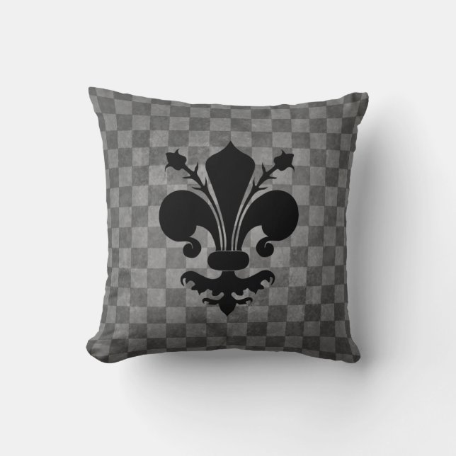 Black Fleur De Lis on grey chequerboard pattern Cushion (Front)