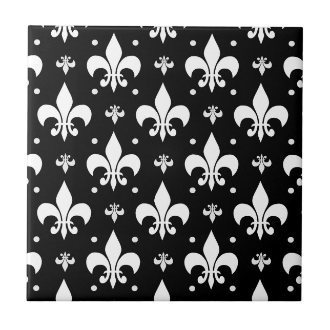 Black Fleur-de-lis Pattern Design  Ceramic Tile (Front)