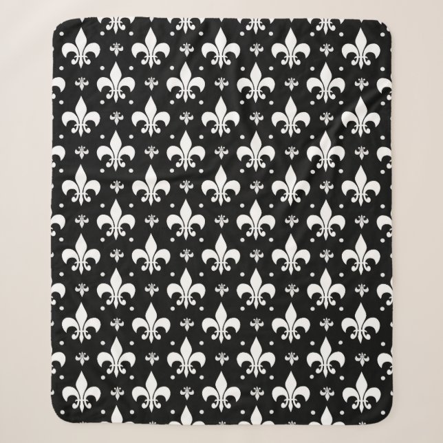 Black Fleur-de-lis Pattern Design  Sherpa Blanket (Front)