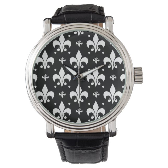 Black Fleur-de-lis Pattern Design  Watch (Front)