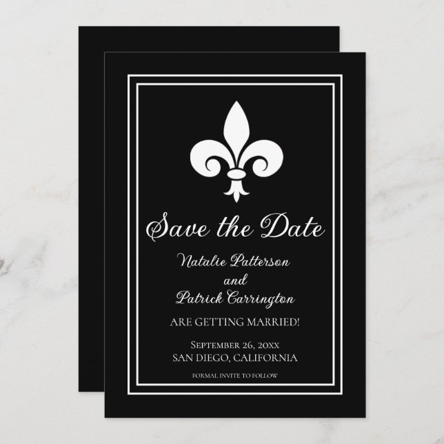 Black Fleur de Lis Save the Date Invite (Front/Back)
