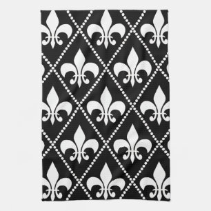 Black Fleur de Lis Tea Towel