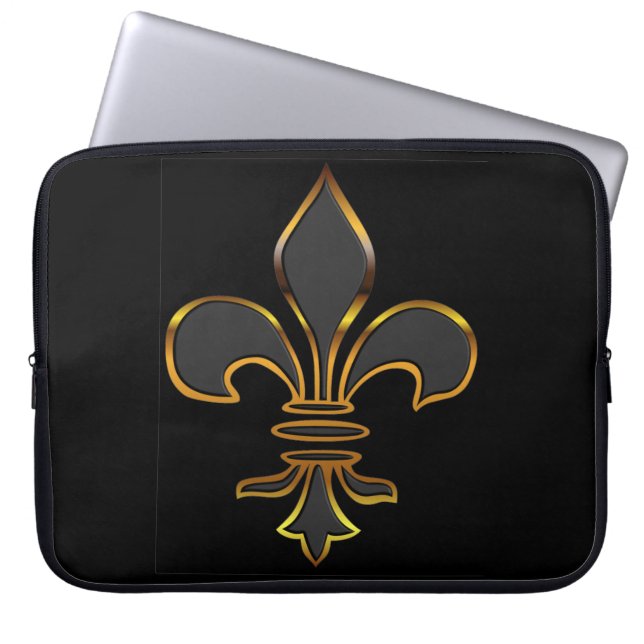 Black Fleur-de-lis Trimmed in Gold Laptop Sleeve (Front)