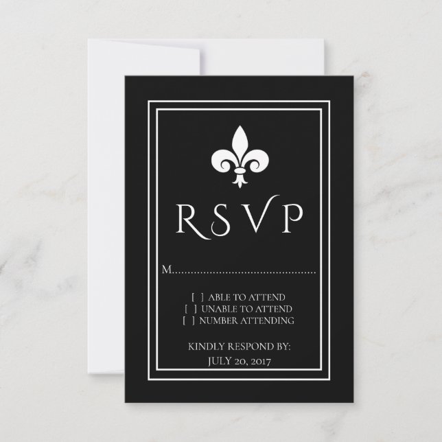 Black Fleur de Lis Wedding RSVP Card (Front)