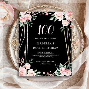 Black Floral 100th Budget Birthday Invitation