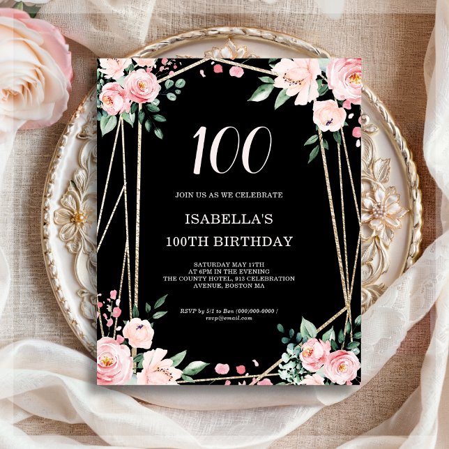 Black Floral 100th Budget Birthday Invitation (Creator Uploaded)