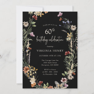 Black Floral 60th Birthday Party Invitation
