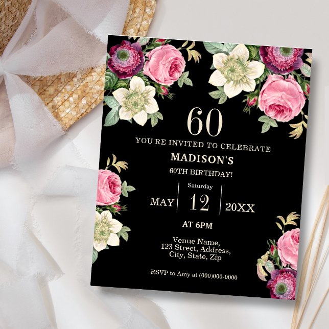 Black Floral 60th Budget Birthday Invitation (Creator Uploaded)
