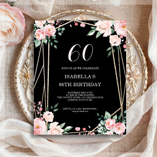 Black Floral 60th Budget Birthday Invitation