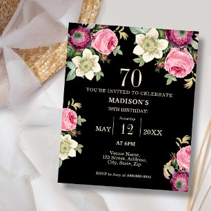 Black Floral 70th Budget Birthday Invitation