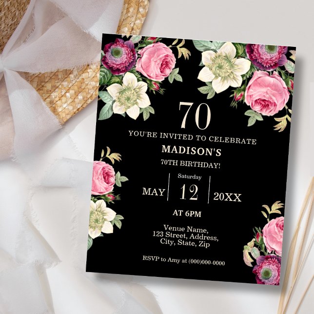Black Floral 70th Budget Birthday Invitation (Creator Uploaded)