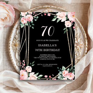 Black Floral 70th Budget Birthday Invitation
