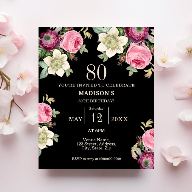 Black Floral 80th Budget Birthday Invitation (Creator Uploaded)