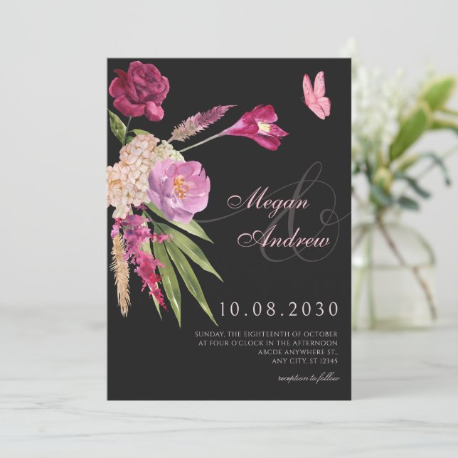 Black Floral aesthetic wedding  Invitation (Standing Front)
