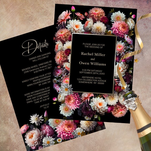 Black Floral All In One Wedding Invitation (Creator Uploaded)