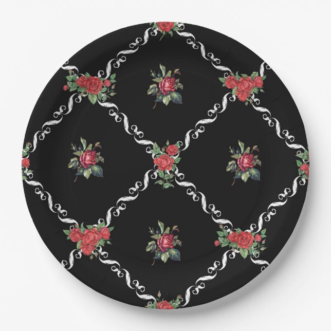Black Floral and Lattice Sweet Valentine Paper Plate (Front)