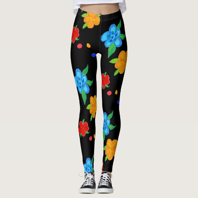 Black Floral Art Print Leggings (Front)