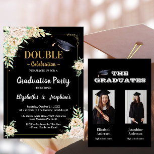 black floral Blush Joint Graduation Party 2 photos Invitation