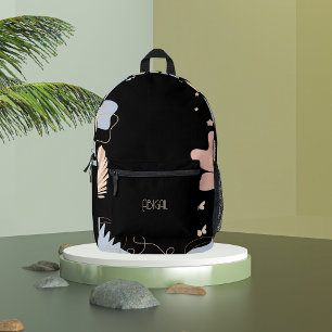 Black floral bohemian inspired  printed backpack