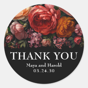 Black Floral Botanical Moody Dutch Thank You Classic Round Sticker