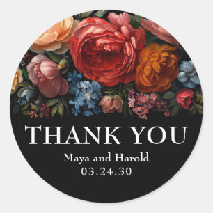 Black Floral Botanical Moody Dutch Thank You Classic Round Sticker